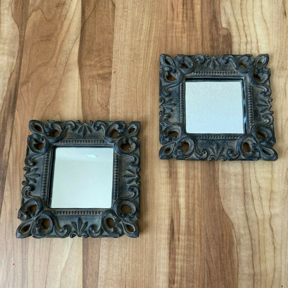 2 Ornate Accent Mirror Dark Color Frame Wall Decor 5.5 x 5.5  European Retro